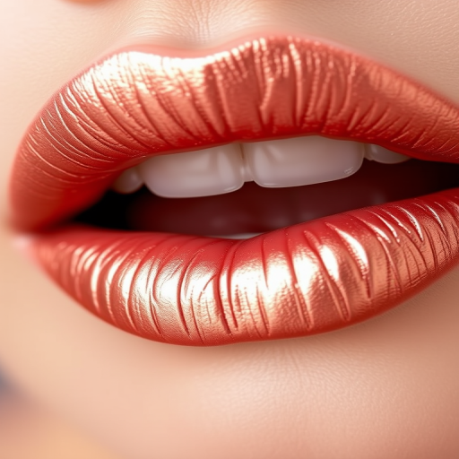 Metallic rose gold lips with a foiled texture, named "Gilded Petals," featuring delicate floral imprints and a subtle metallic sheen for an elegant and eye-catching appearance