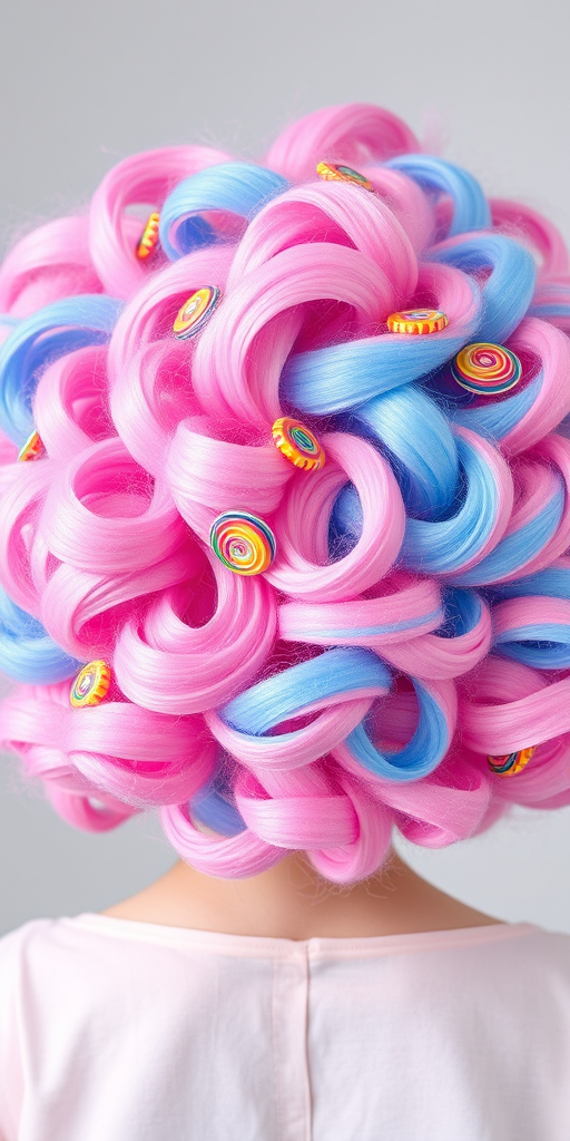 Dreamy cotton candy pink and blue swirls combine in a fluffy, cloud-like afro, adorned with miniature rainbow lollipops for a whimsical candy wonderland effect