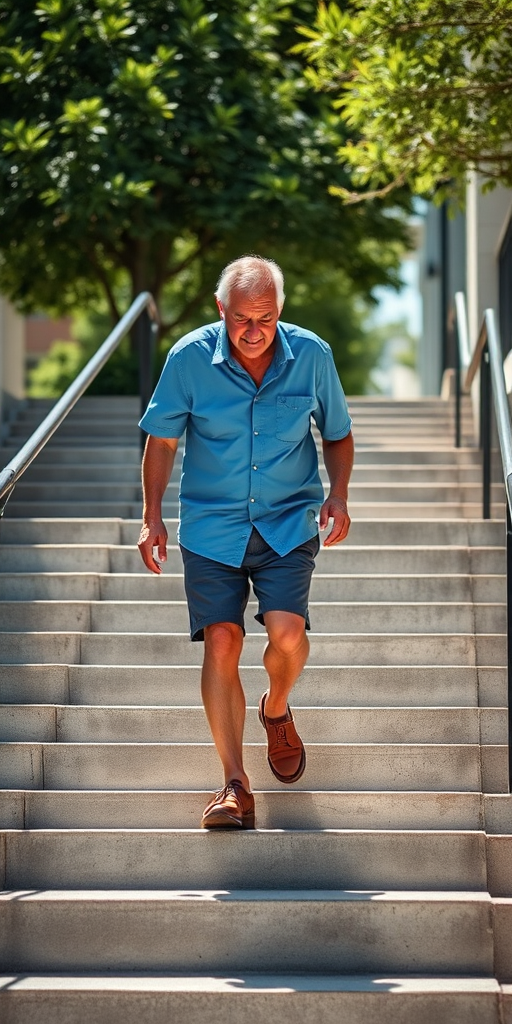 A senior man in a blue shirt and shorts walking down outdoor concrete steps, bright sunlight, shallow depth of field, photography settings: ISO 100, aperture f/2.8, shutter speed 1/500s, view from slightly above, digital camera, high-resolution capture.