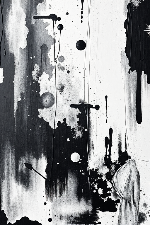 Create an abstract black and white painting with textured brushstrokes, emphasizing contrast and depth, captured in high resolution with a DSLR camera, 50mm lens, f/1.8, ISO 100, natural lighting, and a shallow depth of field.