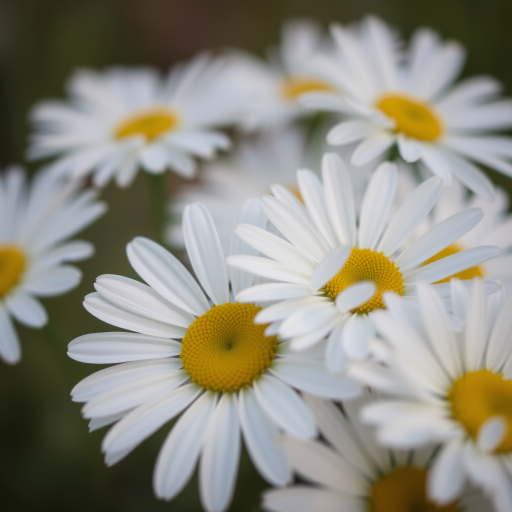 Close-up of white daisies with yellow centers in soft focus, aperture f/2.8, shutter speed 1/200 sec, ISO 100, macro lens, natural lighting, shallow depth of field, DSLR camera.