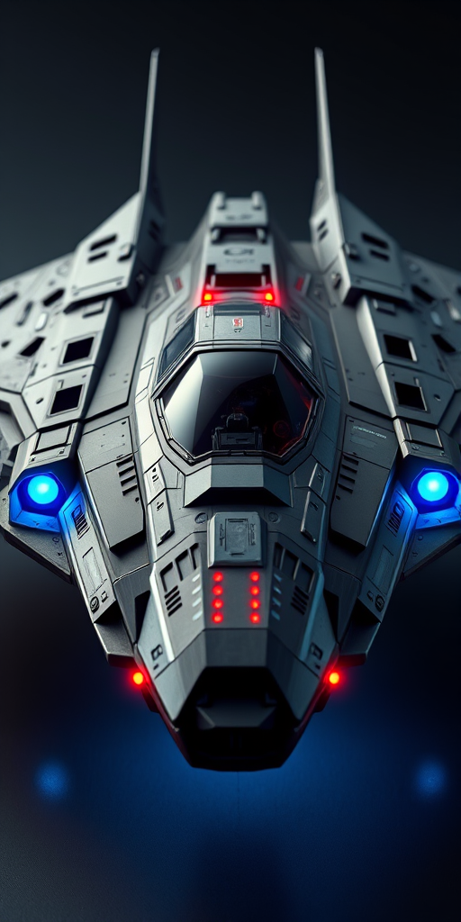 futuristic spaceship design, detailed surface textures, vibrant blue and red engine lights, dynamic angles, ultra-realistic rendering, 4K resolution, ISO 100, f/8 aperture, 24mm lens, HDR imaging, high contrast, sharp focus, cinematic lighting, 3D model view