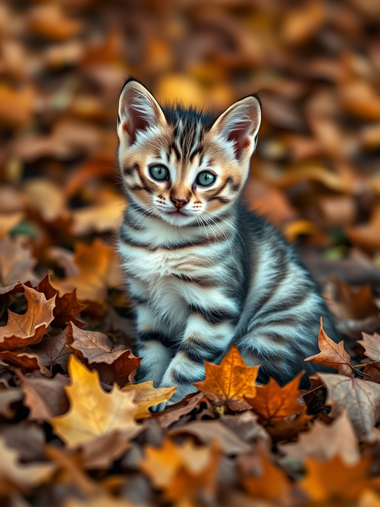 A photorealistic image of a striped kitten sitting in a pile of autumn leaves, shallow depth of field, 50mm lens, f/2.8 aperture, ISO 200, natural lighting, Canon DSLR.