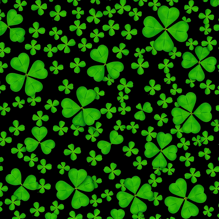 Create a seamless pattern of small green clovers on a black background, shot with a Canon EOS 5D Mark IV, using a 50mm f/1.8 lens, at ISO 100, aperture f/4, and a shutter speed of 1/125s for enhanced clarity and detail.