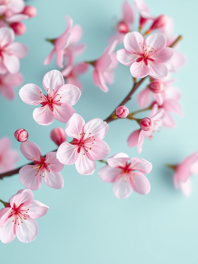 a close-up shot of delicate pink cherry blossoms arranged elegantly against a soft teal background, using a DSLR camera with a 50mm lens at f/1.8, ISO 100, and natural soft lighting to enhance the colors and details