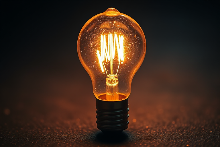 A close-up shot of a glowing incandescent light bulb on a dark textured surface, with warm backlighting, using a 50mm lens, aperture f/1.8, ISO 100, and a shutter speed of 1/200 sec, captured with a DSLR camera in low-light conditions to emphasize the sparkle and glow of the filament.