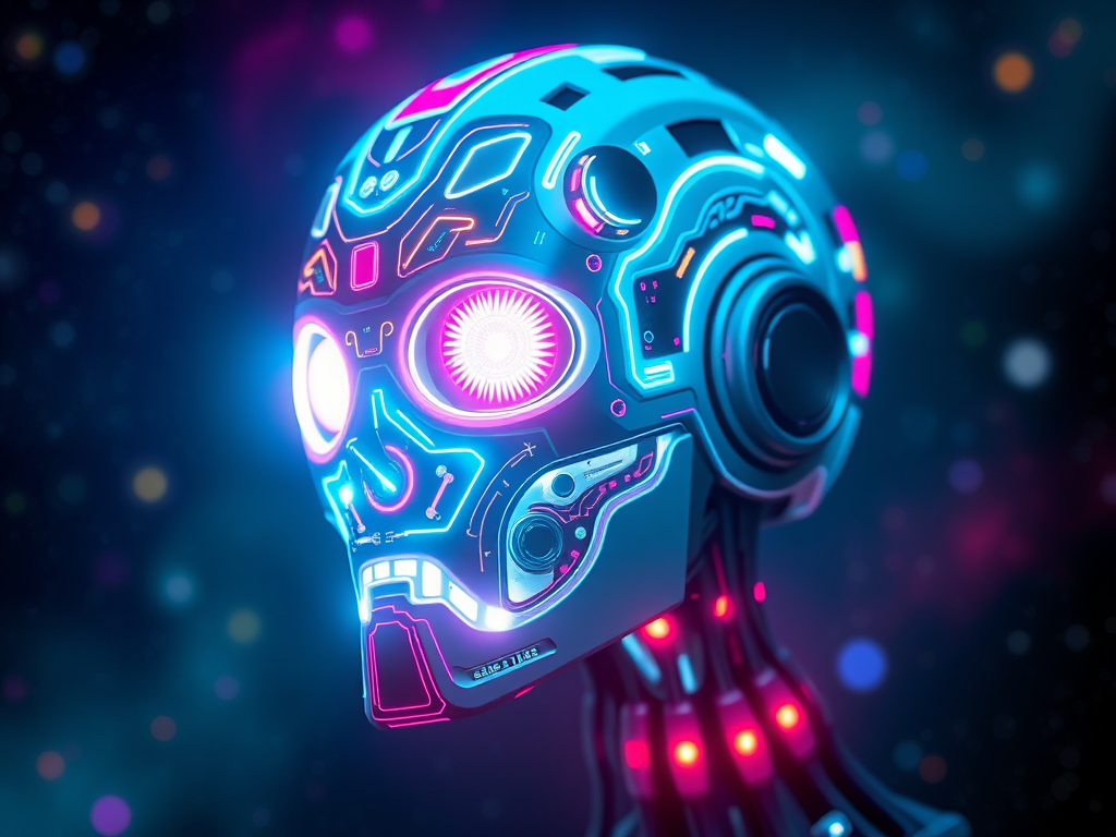 Generate an image of a futuristic robot head illuminated with neon lights, featuring intricate circuit designs and glowing eyes, with a cosmic background of stars and vibrant colors, captured using a Canon EOS R5 with a 50mm f/1.2 lens, aperture set to f/1.8, ISO 100, 1/125s shutter speed, in a high-resolution digital format.