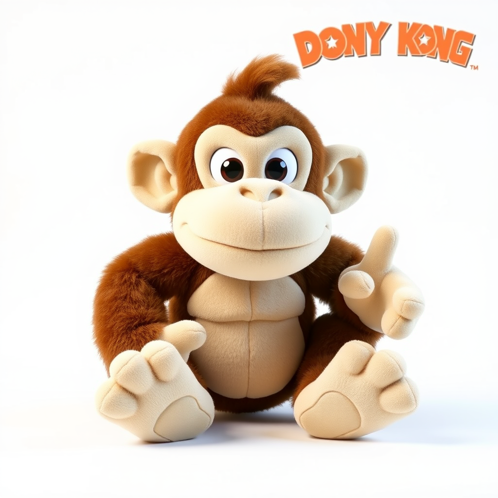 Donkey Kong children's version of an adorable and cute cotton plush with a full body on a white background. A good front pose is visible with extreme quality and every detail. The image features good lighting, a well-chosen color palette, and a 3D appearance.