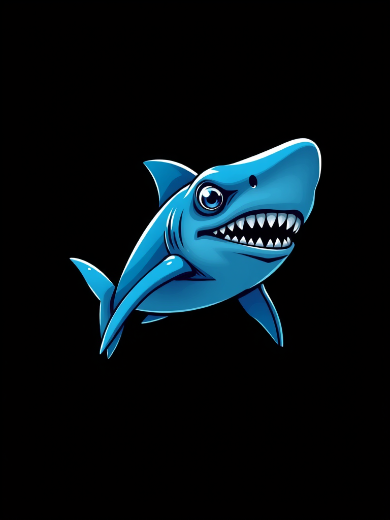 Create a high-resolution vector image of a stylized blue sea creature resembling a shark with exaggerated features, using a DSLR camera, 50mm lens, f/8 aperture, and ISO 100, capturing it from a slight low angle for dramatic effect and ensuring a clean black background to enhance contrast.