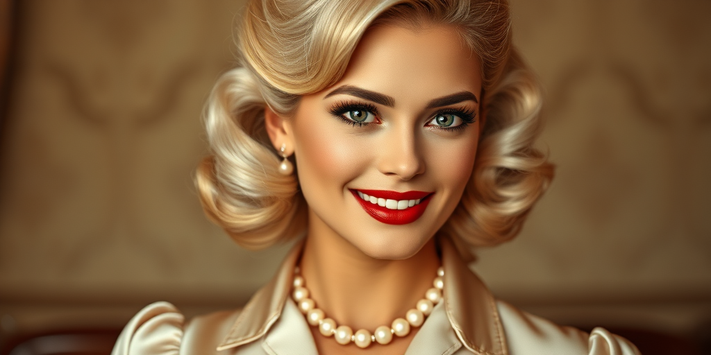A beautiful Hispanic woman reminiscent of 1950s Hollywood glamour, with perfectly styled blonde hair and a seductive smile, dressed in a satin blouse and adorned with pearls, soft and warm tones, photorealistic, 8K