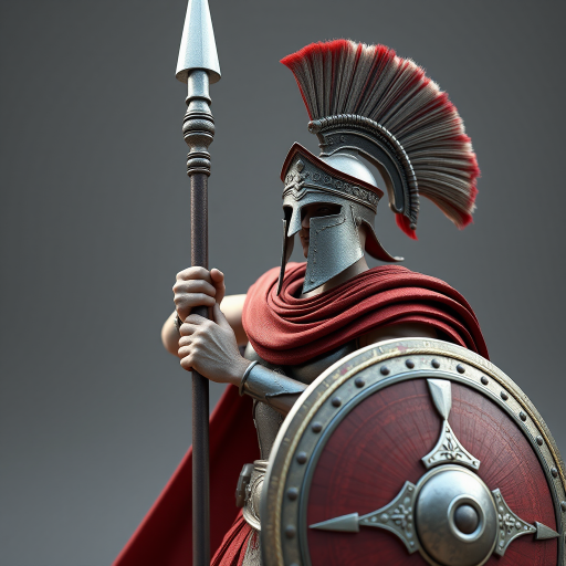 Create a highly detailed 3D render of a Spartan warrior in a heroic pose, wearing a plumed helmet, a red cape, holding a spear and shield, shot with a Canon EOS R5 at f/4, ISO 100, with a 50mm lens, in a dynamic perspective to enhance depth and realism.