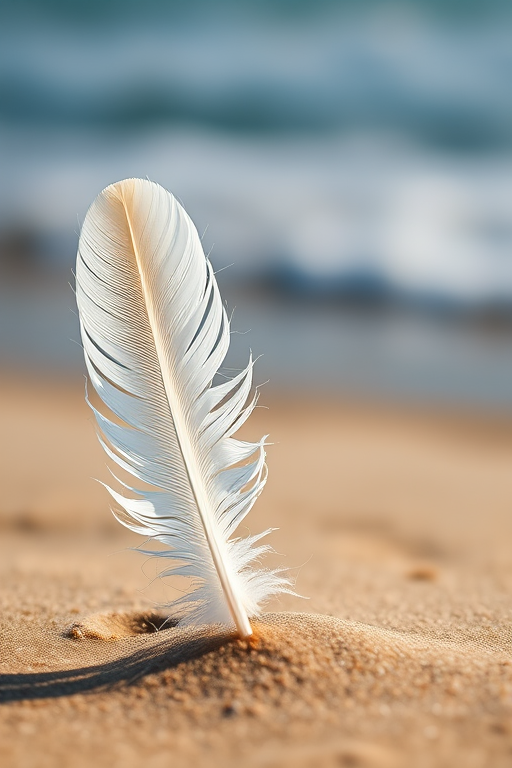 macro shot of a delicate white feather resting on soft sand with a blurred ocean background, f/2.8 aperture, 1/200s shutter speed, ISO 100, 50mm lens, natural lighting, DSLR camera