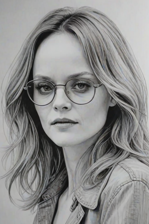 Captivating Vanessa Paradis, pencil sketch, portrait of Comely woman 1971s in glasses, hair style beatnik, outline, clear lines, fine lines, 8k