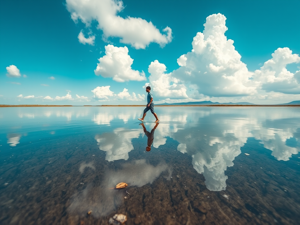 Generate an image of a man walking on water in a surreal landscape with reflective surfaces, bright blue sky, fluffy white clouds, captured with a Canon EOS R5, 85mm lens, f/1.8 aperture, ISO 100, and a low-angle shot for dramatic perspective.
