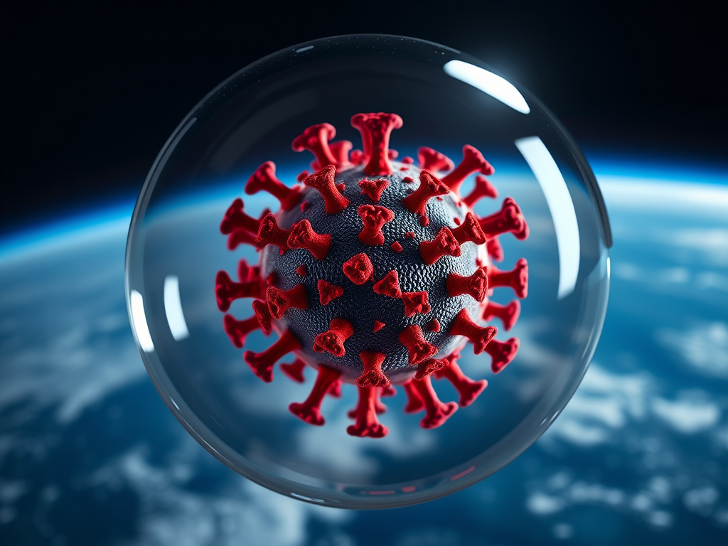 Create a highly detailed 3D rendering of a coronavirus particle encapsulated in a translucent bubble, positioned above Earth at night, using a Canon EOS R5, 50mm lens, f/1.8 aperture, 1/100s shutter speed, ISO 100, in a studio lighting setup with soft focus on the background.