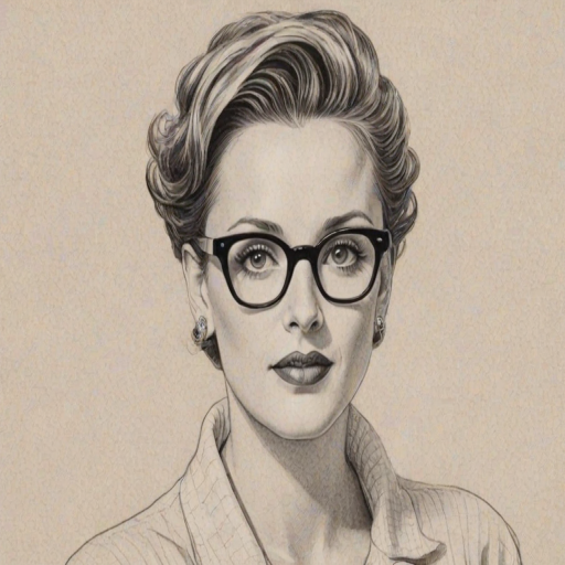 Graceful Lori Petty, pencil sketch, portrait of Elegant woman 1956s in glasses, hair style beatnik, outline, clear lines, fine lines, 8k