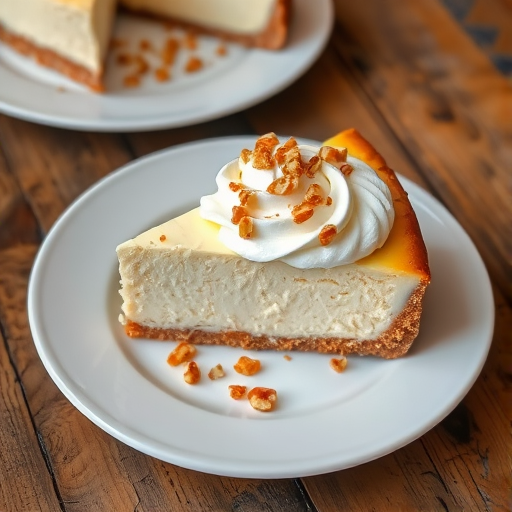 A slice of creamy cheesecake topped with whipped cream and sprinkled with chopped nuts on a white plate, sitting on a rustic wooden table with another plate in the background.