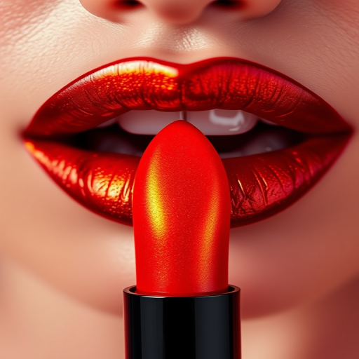 Fierce "Dragon's Breath" duochrome lip lacquer shifting between fiery red and molten gold, high-impact shine for bold and daring makeup looks