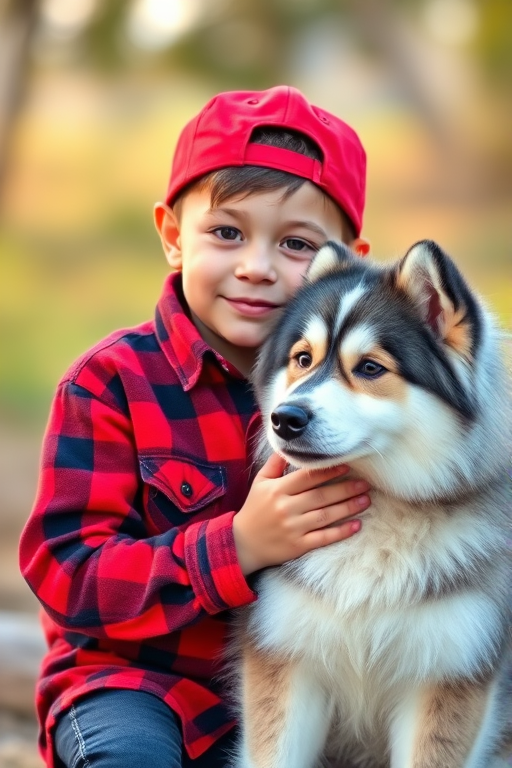Capture a portrait of a young boy in a red plaid shirt and a red cap gently petting a fluffy dog with gray and white fur, set against a blurred natural background, using a DSLR camera, aperture f/2.8, shutter speed 1/500, ISO 200, focal length 50mm, with soft natural lighting for a warm, inviting feel.