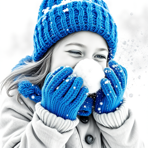 A hyperdetailed photorealistic macro image black and white pencil sketch of a young girl getting hit by a snowball during a snowball fight. She is wearing a brilliant sapphire blue wool beanie and bright blue mittens. She is trying to block the snowball by putting her hands up. The snowball hits her beanie and disintegrates into myriad tiny snowflakes caught with high speed photography. The girl is laughing and having a wonderful time.