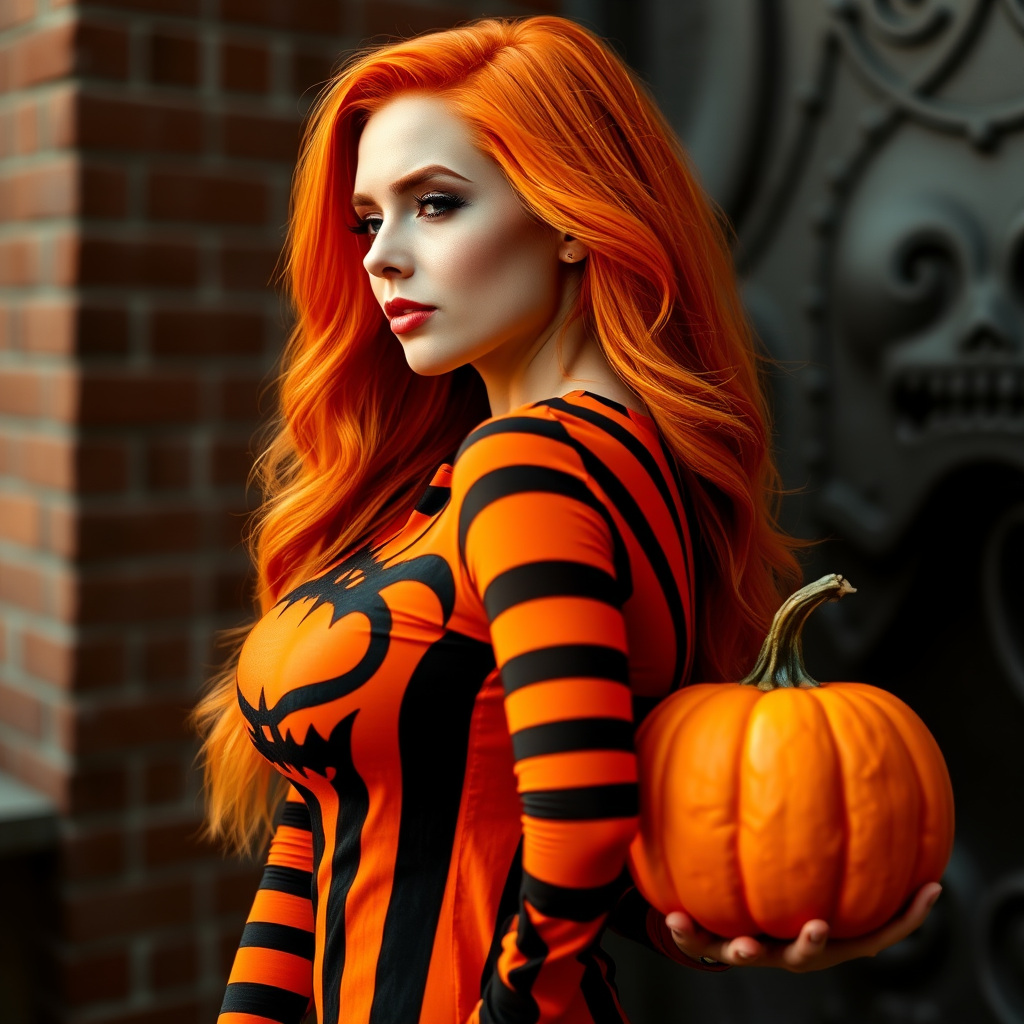 beautiful woman in orange and black Halloween colors, stripes. striking. pumpkin on shirt. I'm orange hair. full body. side shot holding pumpkin