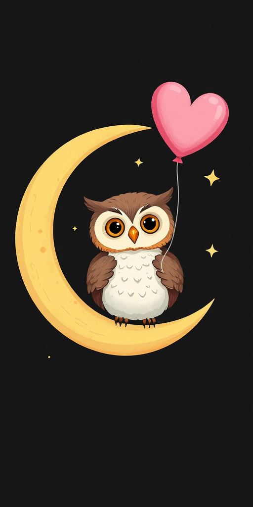 Create a whimsical illustration of an owl holding a pink heart-shaped balloon while perched on a crescent moon against a black background, with stars surrounding it, using a Canon EOS R5, 50mm lens, f/1.8 aperture, ISO 100, focused on the owl for sharp detail and vibrant colors.