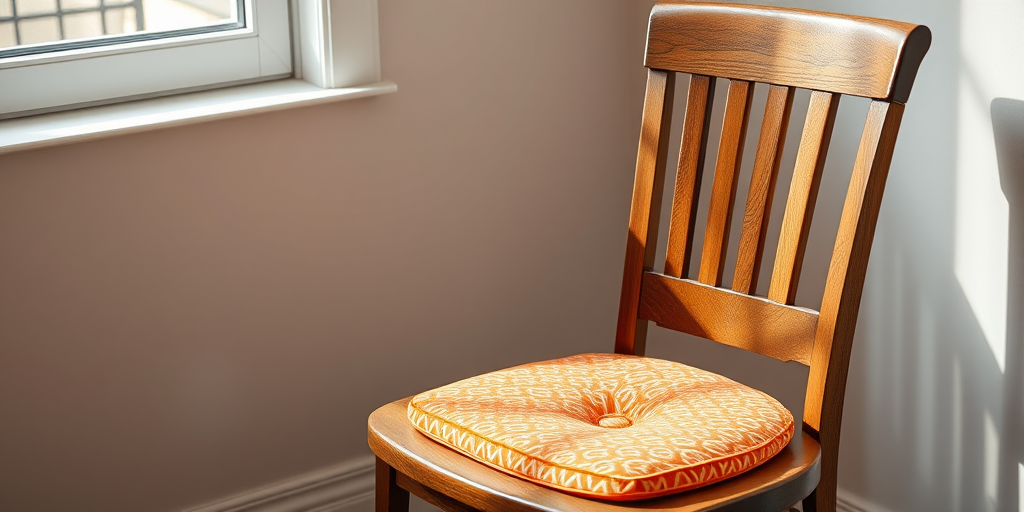 Create a photorealistic image of a wooden chair with a patterned orange cushion, using a DSLR camera with a 50mm lens, aperture f/2.8, ISO 100, and natural lighting from a window, shot from a 45-degree angle to enhance depth and texture.