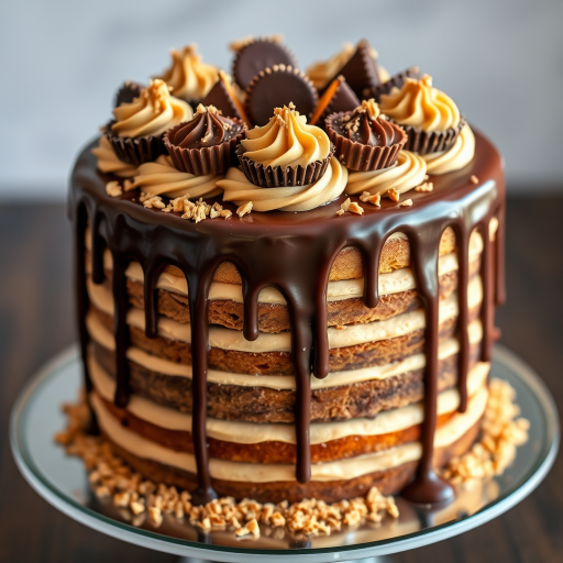 Create an image of a luxurious layered cake with a chocolate ganache drip. The cake should be decorated with swirls of peanut butter frosting and topped with peanut butter cups. Add a sprinkle of crushed peanut butter candy around the top for added texture and detail. The cake should be presented on a cake stand, with a focus on rich, indulgent textures and colors.