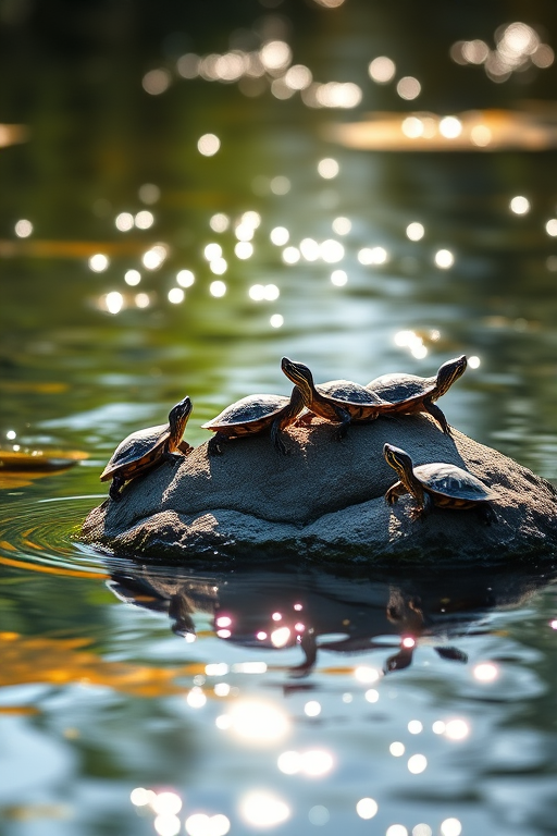 turtles on a rock in a shimmering pond, soft natural sunlight, shallow depth of field, aperture f/4, ISO 100, shutter speed 1/200 sec, DSLR camera, high-resolution image