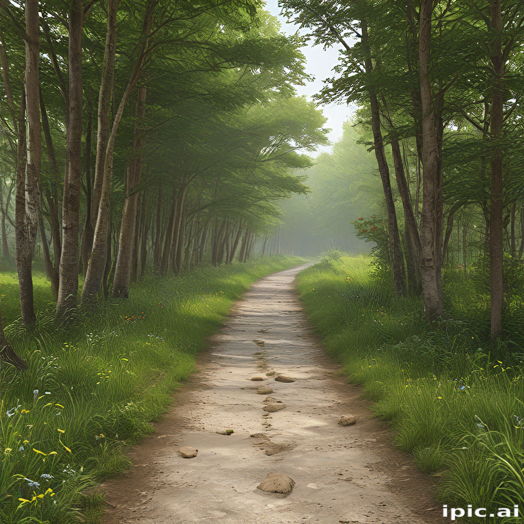 A Serene Pathway Through Lush Green Forest Surrounded by Nature's Beauty.