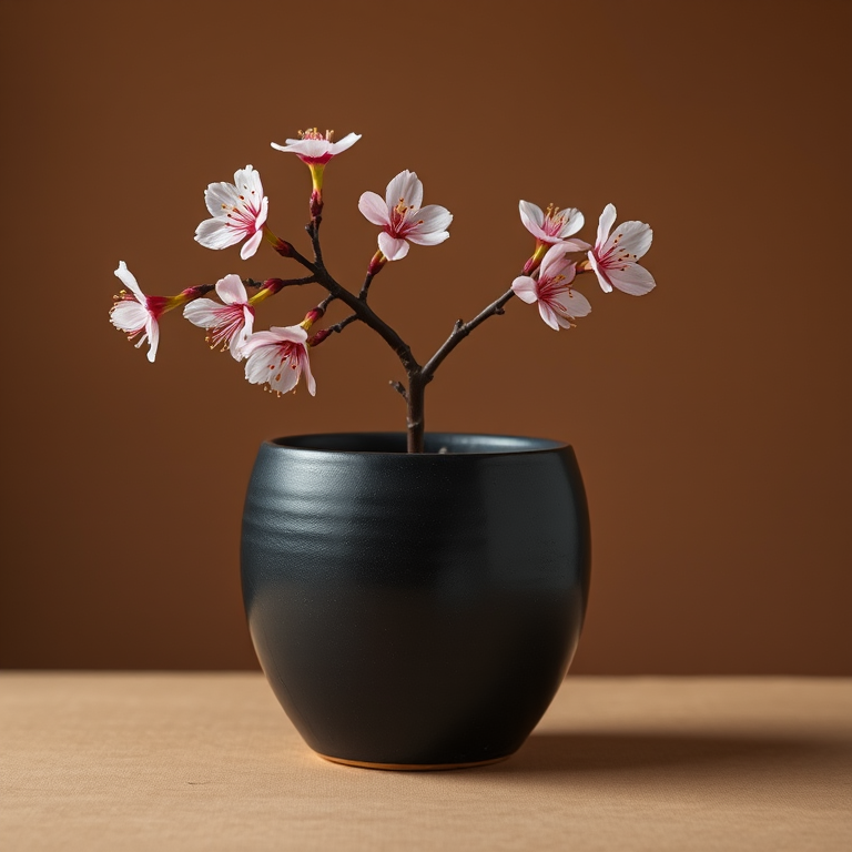 Create an image of a dark ceramic pot with a branch of pink cherry blossoms emerging from it, set against a warm brown background, using a DSLR camera with a 50mm lens, aperture set to f/2.8, shutter speed of 1/125s, and ISO 100, capturing a soft focus on the pot while maintaining sharpness on the blossoms, in a minimalist style.