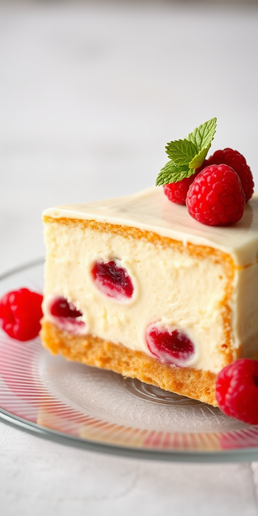 A slice of cake on a clear plate with a golden crust and a creamy filling topped with fresh raspberries and a green leaf in a soft focused background.