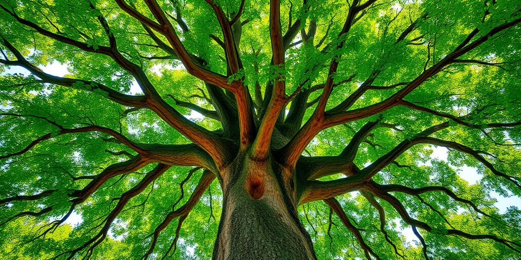 Create a high-resolution digital illustration of a large, lush green tree with a thick trunk and detailed foliage, using a wide-angle lens, f/8 aperture, ISO 100, in a bright and vivid color palette, with a focus on capturing texture and depth.