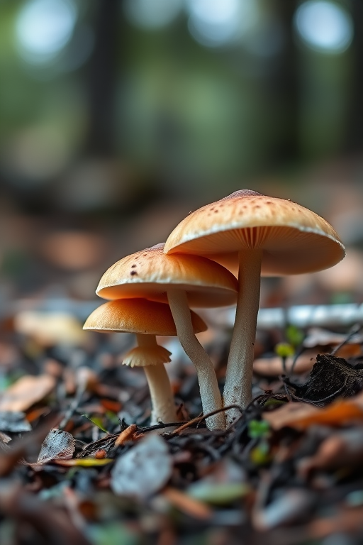 Mushrooms growing on a forest floor, with soft bokeh background, macro lens, aperture f/2.8, ISO 200, 50mm focal length, natural light, close-up photography, DSLR camera.