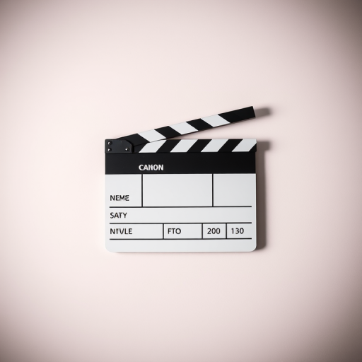 Create an image of a classic movie clapperboard on a plain background, shot in high resolution with a Canon EOS R5 at f/2.8, ISO 100, 1/125s, using a portrait view and a soft lighting setup for enhanced contrast.