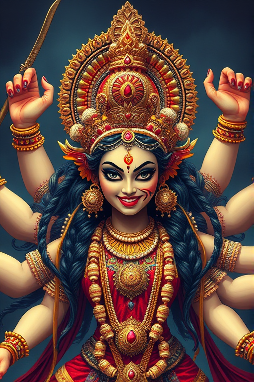 Create a detailed illustration of a Hindu goddess with multiple arms and a fierce expression, emphasizing intricate jewelry and vibrant colors, using a DSLR camera, ISO 100, aperture f/8, shutter speed 1/125s, shot from a frontal view with soft diffused lighting to enhance the textures and details.