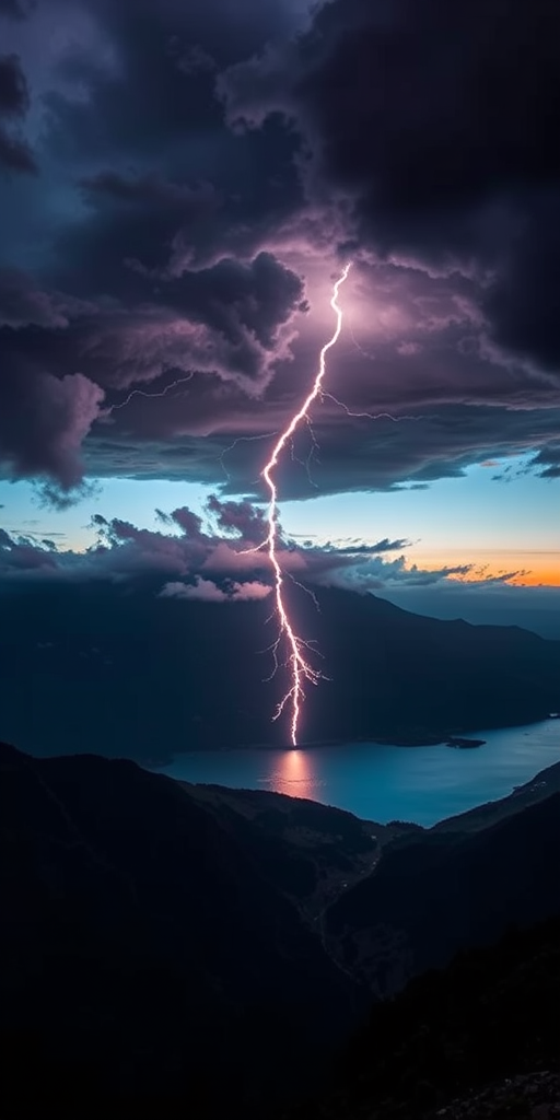Create a digital artwork of a dramatic storm scene over a mountainous landscape at twilight, featuring dark, swirling clouds and a central lightning bolt striking down over a reflective body of water, using a Canon EOS R5 with a 24-70mm f/2.8 lens, aperture set to f/8, ISO 100, and a 1/125s shutter speed for sharp details and vibrant colors, with a cinematic angle to emphasize depth and drama.