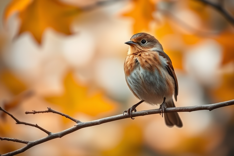 A close-up shot of a bird perched on a branch during autumn with blurred background foliage, taken with a DSLR camera, ISO 200, f/4, 1/250s, 85mm lens, natural light, emphasizing sharp details and vibrant colors.