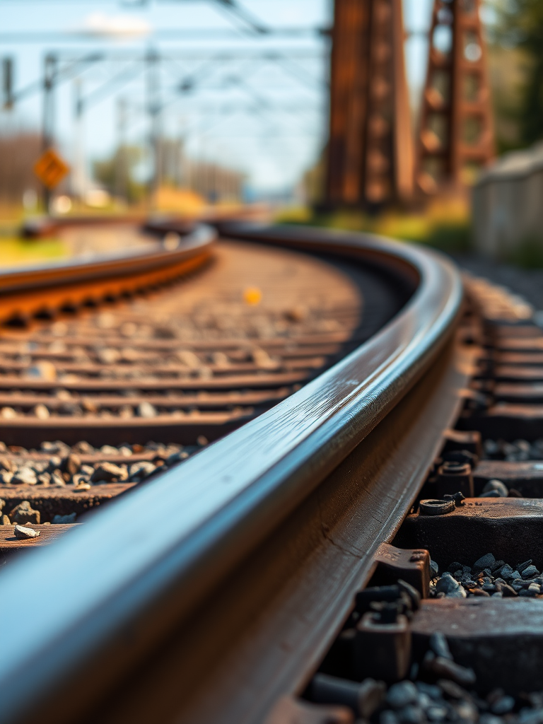 Regenerate an image of a close-up view of wooden railway ties and gravel on metal train tracks with a DSLR camera at f/4 aperture, ISO 100, 50mm lens, natural daylight, shallow depth of field.