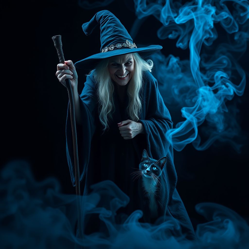 Close-up of a mysterious old crone female witch and her cat made of blue smoke are standing in the dark cackling evilly at the viewer. The smoke is a deep blue, and the background is black. The crone is wearing a long, flowing robe and has a pointed hat on her head. She is holding a staff in one hand and has a mischievous look on her face. The cat is sitting at her feet, looking up at her with glowing blue eyes. The smoke around them is swirling and shifting, as if it has a life of its own. The overall effect is eerie and magical.