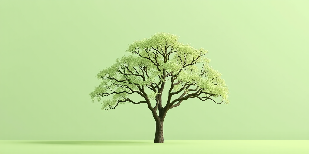 Create a low-poly tree in a minimalist style with a light green background, using a Canon EOS R with a 50mm lens at f/2.8, ISO 100, and a 1/125s shutter speed to enhance image quality and detail.