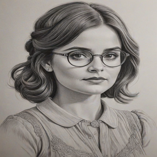 Dazzling Jenna-Louise Coleman, pencil sketch, portrait of Bewitching woman 1920s in glasses, hair style beatnik, outline, clear lines, fine lines, 8k