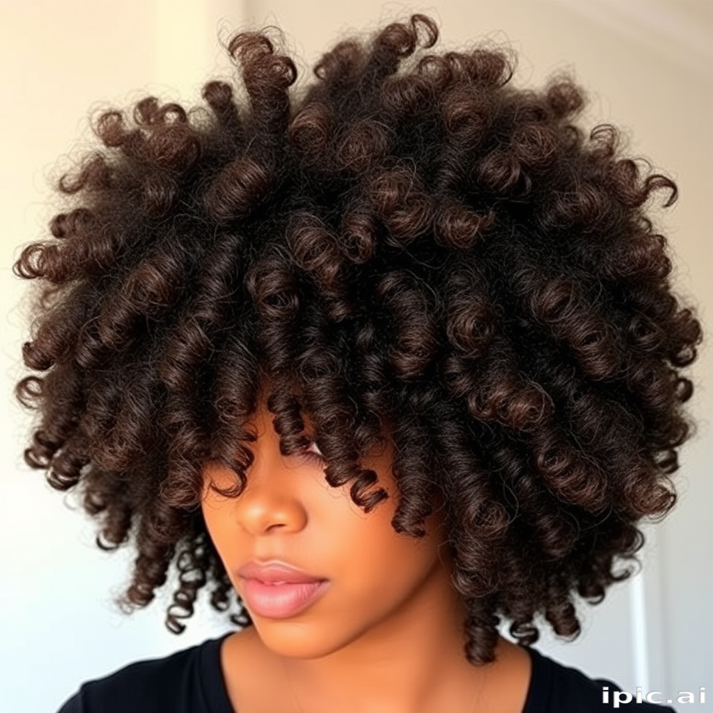 Luscious chocolate brown curls styled in a voluminous afro, called "Cocoa Cloud," showcase natural texture and depth with subtle caramel highlights throughout