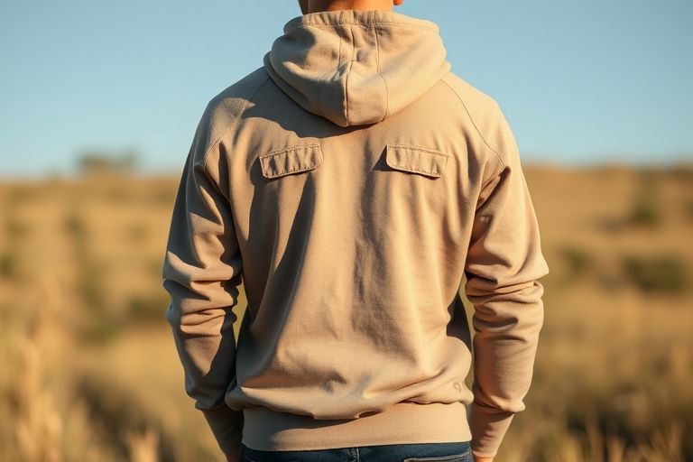 Generate a high-resolution image of a stylized long-sleeve shirt with two front pockets and a hood, captured with a Canon EOS R5 at f/2.8, with a 50mm lens, in natural light, maintaining a shallow depth of field.