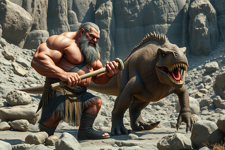 fantasy scene of a muscular ogre holding a large wooden mallet confronting a ferocious dinosaur in a rocky landscape, shot with a DSLR camera at 50mm, f/2.8, ISO 100, in natural lighting to enhance detail and texture