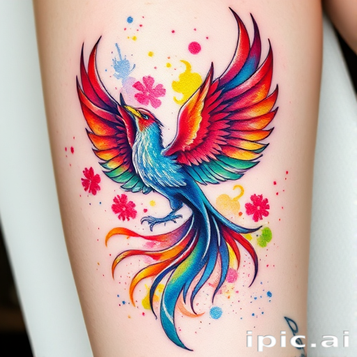 Vibrant watercolor tattoo named "Rainbow Phoenix" featuring a majestic bird rising from swirling flames in a burst of vivid hues, incorporating delicate brushstrokes and splatter effects for a dreamy ethereal appearance