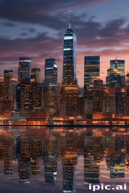 Stunning Sunset Reflection of a Majestic City Skyline at Dusk