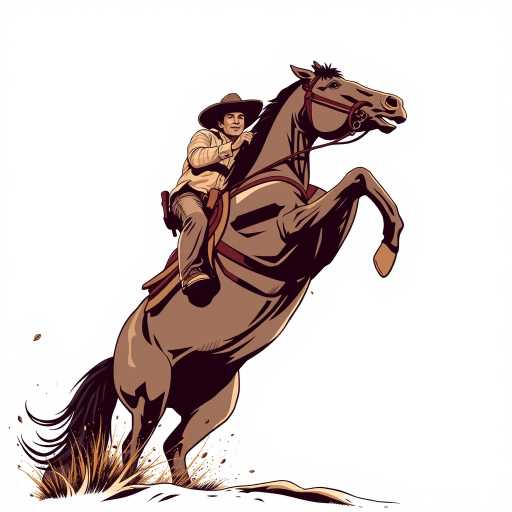 Create a detailed illustration of a cowboy riding a rearing horse, with high contrast and clean lines, using a DSLR camera with a 50mm lens, f/1.8 aperture, ISO 100, captured from a low angle to emphasize action and depth, in a vector art style.