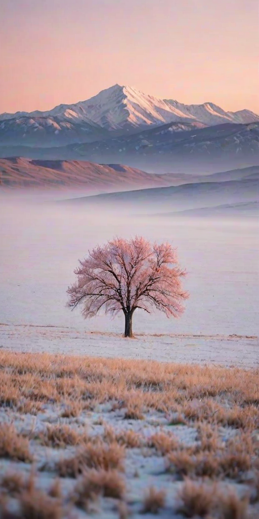 Soft-focus image of a lone tree standing in a snow-covered field at sunrise, with soft pink and orange hues illuminating the sky and distant mountains softly blurred in the background.