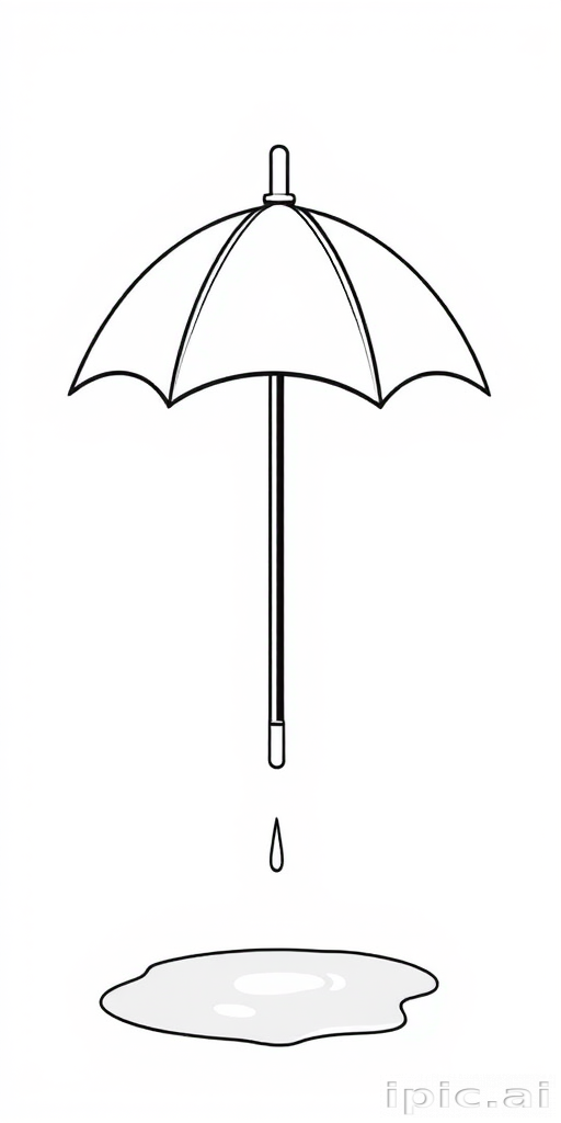 A simple vector line drawing of a closed umbrella that dripped and created a small puddle, in black and white.